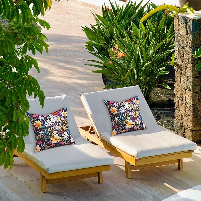 HOMFREEST Outdoor Floral Throw Pillow Covers 20x20 Inch Set of 2 Black Waterproof Flowers Decorative Spring Summer Holiday Patio Cushion Cases for Patio Furniture Garden
