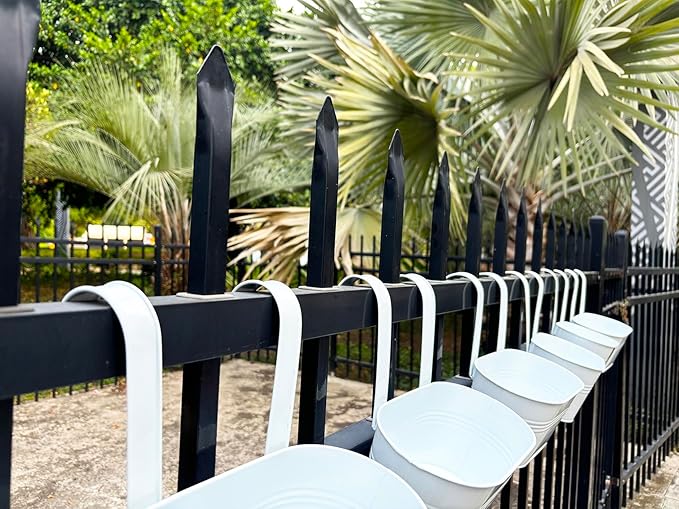 12" Balcony Railing Planters, Outdoor Hanging Planter for Fence, Stylish Metal Porch Deck Flower Pot for Herbs & Succulents (White, Pack of 4)