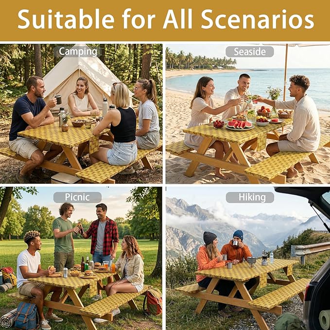 Fitted Picnic Table Cover with Chair Covers Elastic Water Resistant Camping Tablecloth for 6 Foot Rectangle Tables Garden Patio Outdoor Organization Road Trip Hiking Motorhome Essential Gift