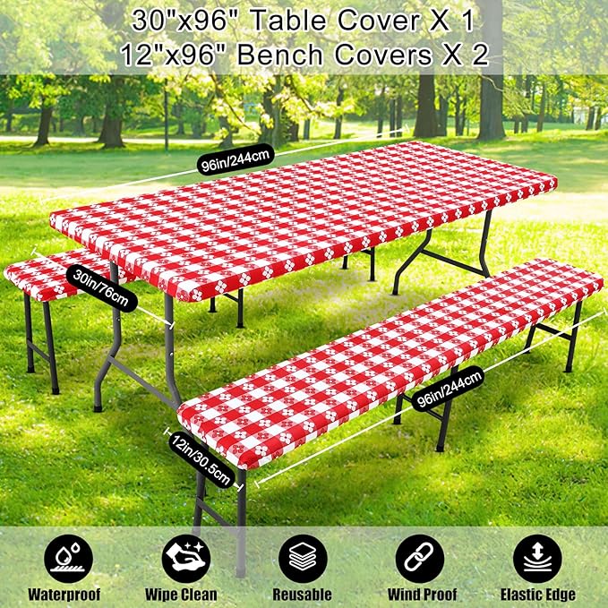 Smiry Picnic Table Cover with Bench Covers, Waterproof Elastic Fitted Tablecloth for 8 Foot Tables, Washable Polyester Tablecloths for Camping, Indoor & Outdoor (Red & White, 30x96 Inch 3-pc Set)