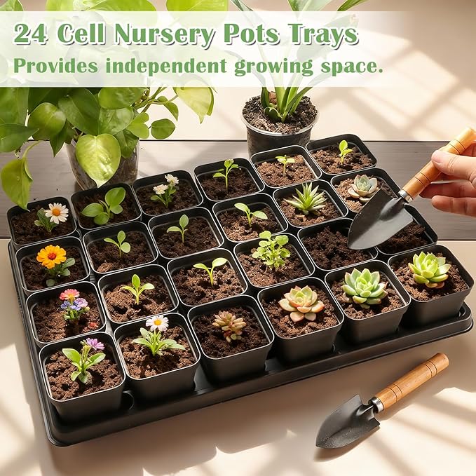 RooTrimmer 5 Pack 24 Cell Nursery Pots Trays with 2.8 inch (7CM) Square Nursery Pots 120pcs (Black), Plastic Seed Starter Tray with Drain Holes for Carrying and Holding Plant Pot(17"x11"x1.6")