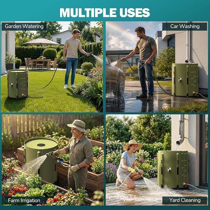 SKM Collapsible Rain Barrel, 53 Gallon Portable Rain Water Collection System to Collect Rainwater from Gutter, Foldable Water Storage Tank with Spigot for Garden, Lawn & Outdoor Plant Watering, Green