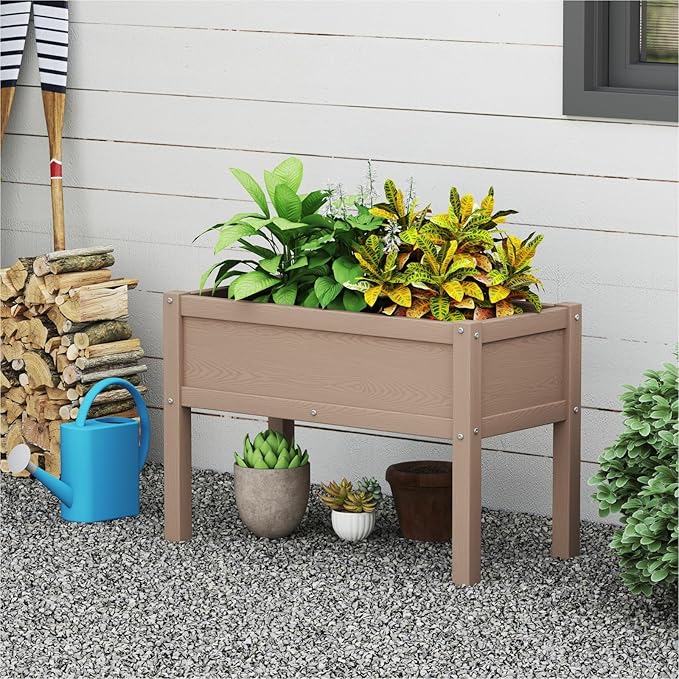 Small HDPE Raised Garden Bed, Elevated Planter Box with Legs, Outdoor All-Weather Planter Raised Beds for Seeds, Herbs, Flowers, Vegetables (Brown)