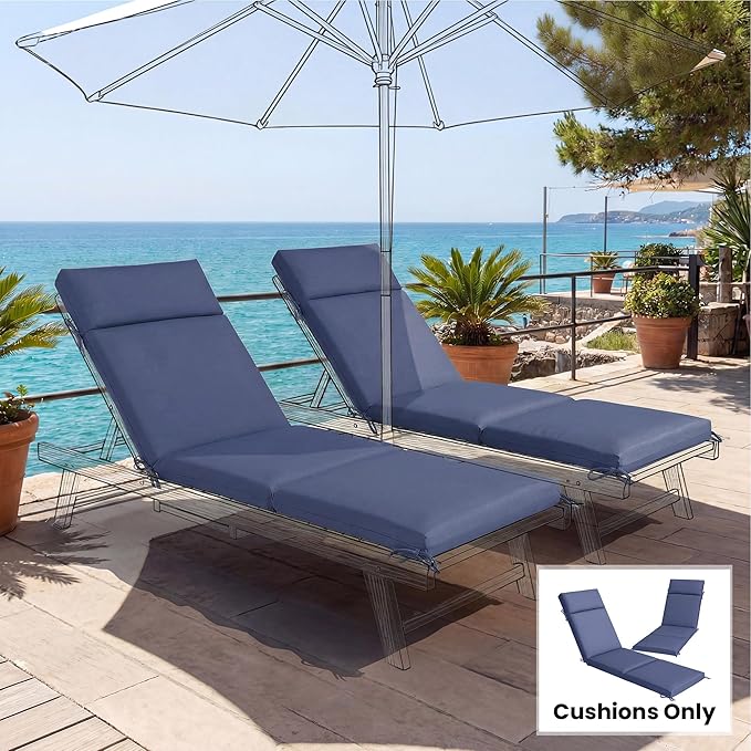 Outsunny Outdoor Chaise Lounge Cushions Set of 2, Chaise Lounge Cushions with 6 Ties, High-Density Foam, 72 x 21.1 x 2.6 Inch Water-Repellent and UV-Resistant for Patio, Poolside, Navy Blue