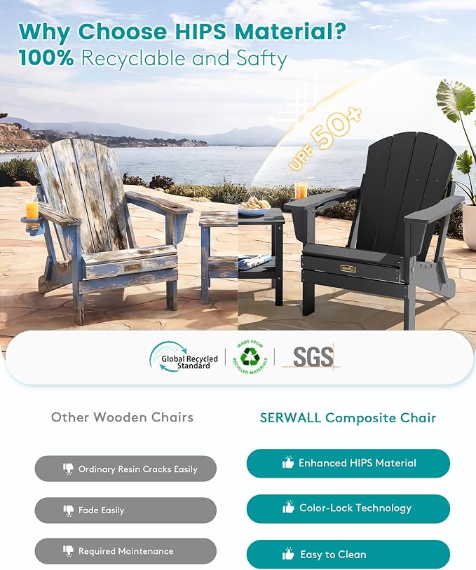 SERWALL Folding Adirondack Chair with Cup Holder Set of 4, Weather Resistant HIPS Patio Chairs, Wooden Textured, Fire Pit Chairs for Garden Outdoors Fire Pit - Gray