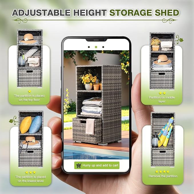 Greesum Rattan Storage Shed, Outdoor Towel Rack with 2 Storage Shelves & 1 Bottom Drawer, Suitable for Pool Patio Garden Deck, Grey