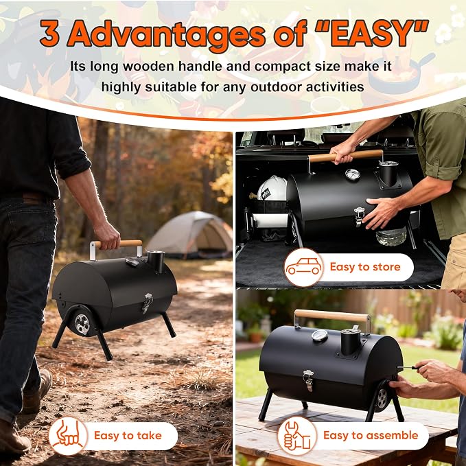 Portable Charcoal Grill with 6 BBQ Tools, HaSteeL Compact Tabletop Barbecue Grill with Thermometer, Small Smoker for Outdoor Camping Backyard Beach BBQ, Thick Steel, Easy to Assemble