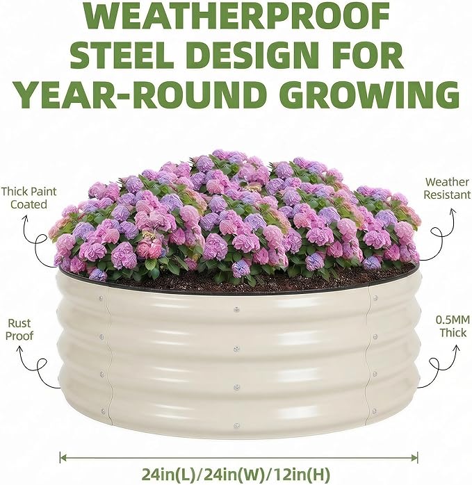 Sponvatt 2 Pcs Round Galvanized Raised Garden Bed Kit 24 x 12 Inch Metal Planter Box Outdoor with Safety Rubber Edge Trim Rust Proof Weather Resistant Circular Steel Garden Beds White 12 Inch Deep