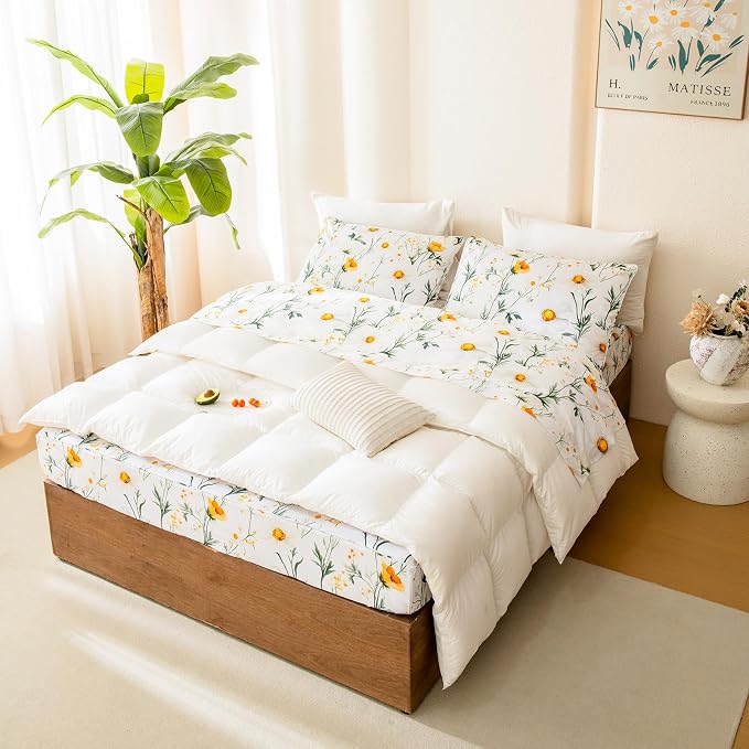 QSH 4PCs Green Floral Sheets Queen Size,100% Egyptian Cotton Sheets Queen Size Yellow Platycodon Flowers Botanical Pattern Printed Bed Sheet Extra Soft and Breathable 17.5" Deep Pockets Bedding Sheet