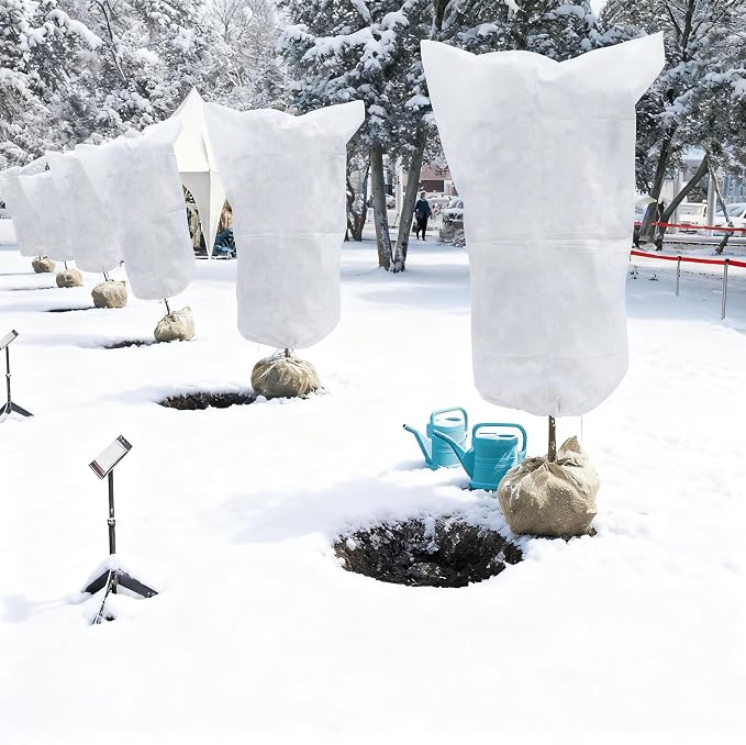 EAONE 12 Pack Plant Covers Freeze Protection, 32x47'' Winter Frosts Cloth for Outdoor Plants, Reusable Frost Blankets Drawstring Bags for Cold Freeze Sun Protection Bird Insect Prevention,White