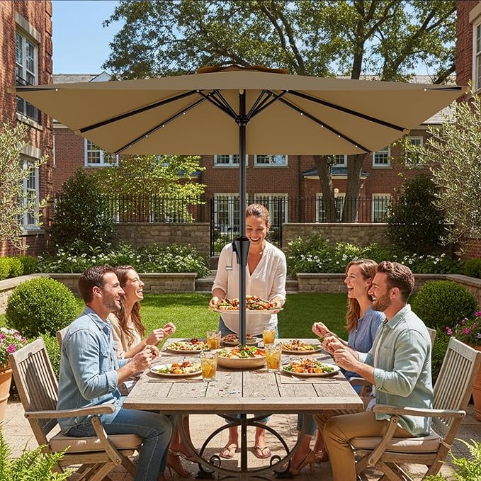 AreShark 8' X 10' Rectangular Patio Umbrella with Solar Lights, Lighted Solar Umbrella with Crank, Outdoor Table Umbrella for Garden, Deck, Backyard, Pool and Beach, Khaki