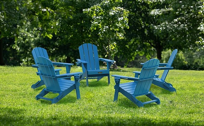 Folding Adirondack Chair Set of 6, Wooden Textured Plastic Adirondack Chairs with 2 Cup Holder, Weather Resistant HDPE Fire Pit Chair, Outdoor Patio Chairs for Garden, Backyard, Lawn, Deck, Blue