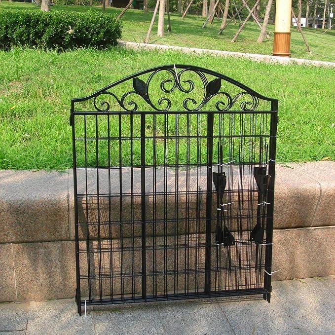 4 Pack 44" H 36" W (Linear Length 12 feet) Black Coated Heavy Duty Steel Decorative Garden Fence Each Panel with 2 Leaves, Heavy Duty Metal Patio Flower Animal Barrier Section Wire Border Fencing
