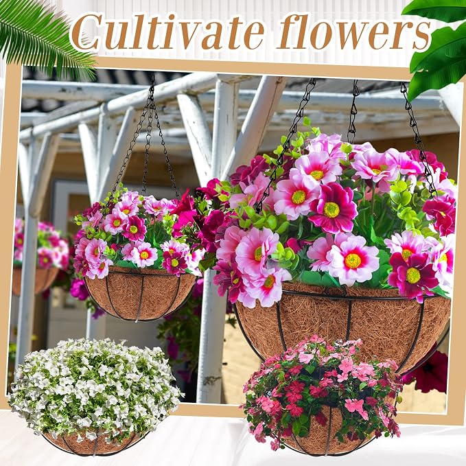 Dandat 1 Piece 14 Inch Metal Hanging Planter Basket with Coconut Coir Liner Metal Wire Plant Holder Chain Watering Outdoor Hanging Pots Flower Pot Hanger for Porch Indoor Outdoor Garden Decorations