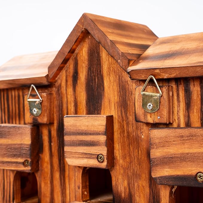 MIXUMON 8-Room Wooden Bird House with 2 Front Feeders β Large Outdoor Birdhouse for Multiple Birds, 1.57β Entrance Holes, Easy Access Cleaning Doors, Rustic Burnt Wood Design for Garden, Yard & Patio