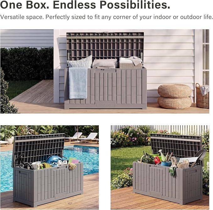 EAST OAK Outdoor Storage Box, 80 Gallon Deck Box, Waterproof Resin Storage Bin for Patio Cushions, Gardening Tools, Lockable, UV Resistant, Ash Grey