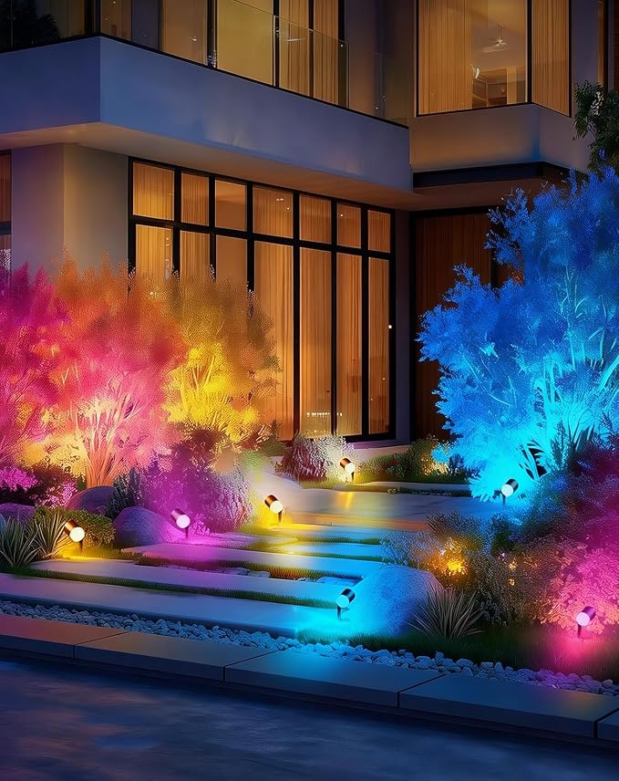 GZBtech Waterproof Landscape Spotlights, 24V RGB+IC+CCT Color Changing Outdoor Pathway Lighting, App&Remote Control Work with Alexa, Aluminum Dimmable LED Spot Light for Garden Yard Decor, 6 Pack