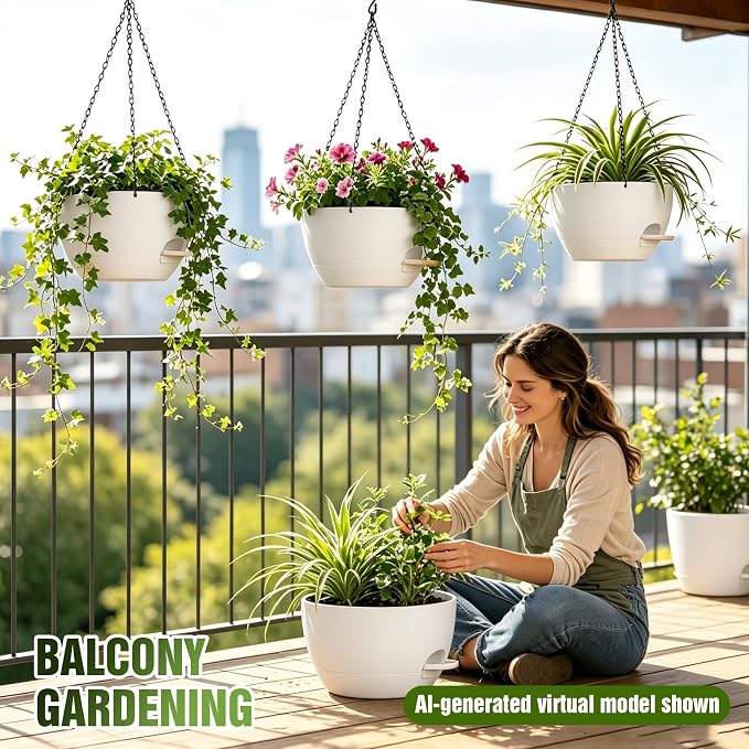 12 Inch Self Watering Hanging Planters, 2 Pack Plastic Plant Pots | Sturdy lightweight pot with side watering lip, drainage holes, snap-on detachable tray & hanging chain for easy care