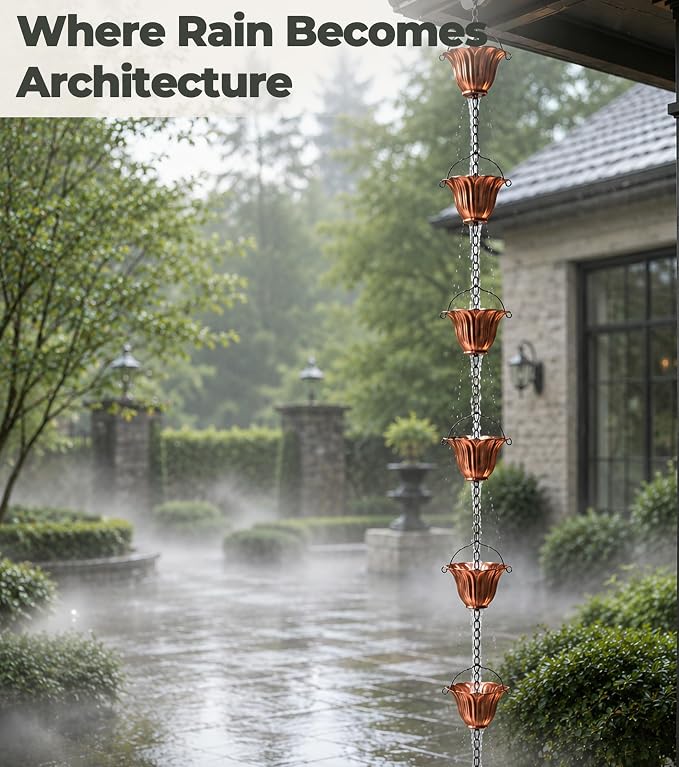 Copper Rain Chain for Gutters, 12 Cup Tulip Decorative Water Feature, 8FT 8IN Adjustable Metal Chain Rain Diverter for Outdoor Garden Décor with Crystal Accent