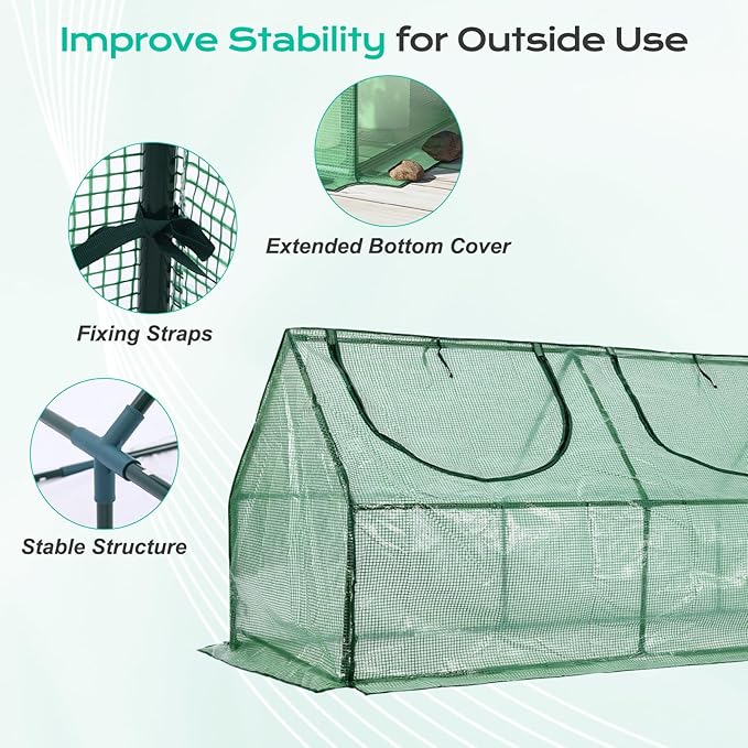 BPS 9x3x3 ft Mini Greenhouse with Green PE Cover UV-Protected Roll-Up Zipper Doors, Ideal for Indoor or Outdoor Use on Raised Garden Beds