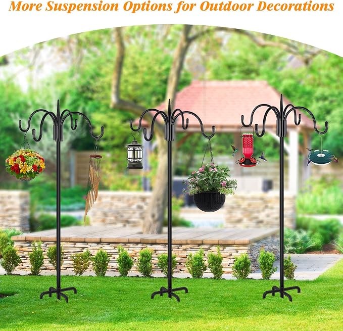 FEED GARDEN Heavy Duty Shepherds Hook 2 Pack 76" Four Hooks Adjustable (44/60/76") - Metal 5-Prong Base, 17lb Capacity - Easy Assembly Bird Feeder Pole for Hanging Planters, Lanterns, Wind Chimes