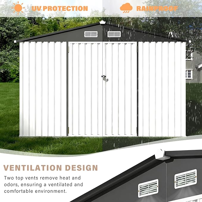 GarveeLife 6x8x6.4 Ft Outdoor Storage Sheds, Metal Garden Tool Shed for Backyard, Large Metal Sheds Outdoor Storage with Lockable Doors & Air Vents for Backyard Garden Patio Lawn