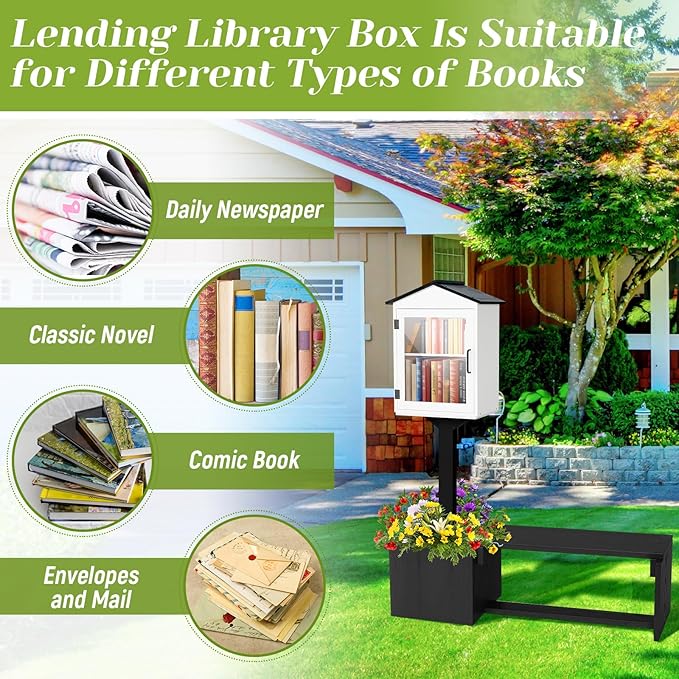 Wonderjune Little Library Box Outdoor, Weatherproof Solid Wood Free Library with Matching Wooden Seats Floor Plugs and Small Flower Fence for Neighborhoods Community School(Black and White)