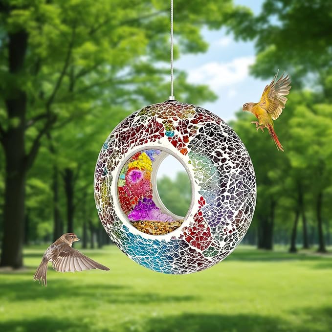 Hanging Bird Feeders for Outdoor Glass Mosaic Fly Through Wild Bird Feeder Round Shape Birdfeeder for Outside Garden Yard Patio Decoration Multicolor