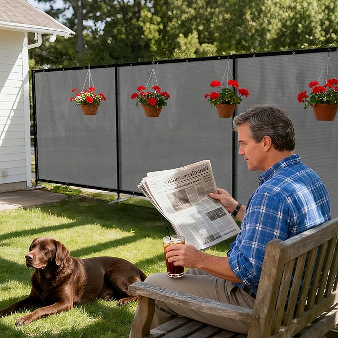 Windscreen4less Outdoor Privacy Fence Screen, 6'x149' Freestanding Privacy Fencing Set with Iron Poles and Ground Spikes, UV Resistant Mesh Cover Garden Pet Fencing for Backyard Patio Pool, Light Gray