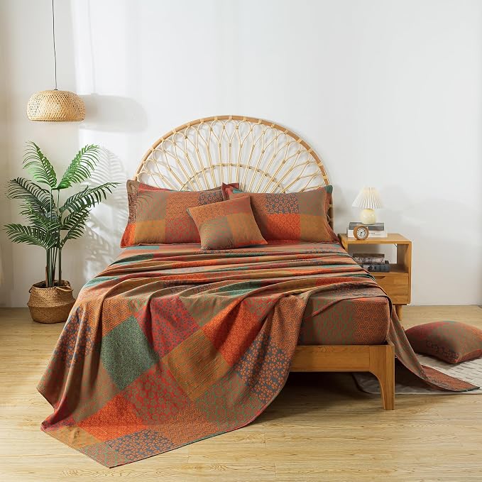 FADFAY Grid Sheets Set Queen Vintage Checkered Floral Bedding Shabby Geometry Farmhouse Bedding Super Soft Washed Double -Layer Muslin Sheets 100% Cotton Deep Pocket Fitted Sheet 4Pcs, Queen Size