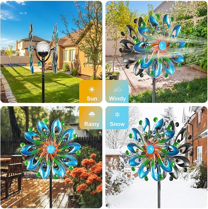 MLKNK Wind Spinners for Yard and Garden - Wind Sculptures & Spinners | Wind Spinners Outdoor 75 Inch, Navy Blue, Kinetic Art with Solar Powered Multi-Color Glass Ball Light