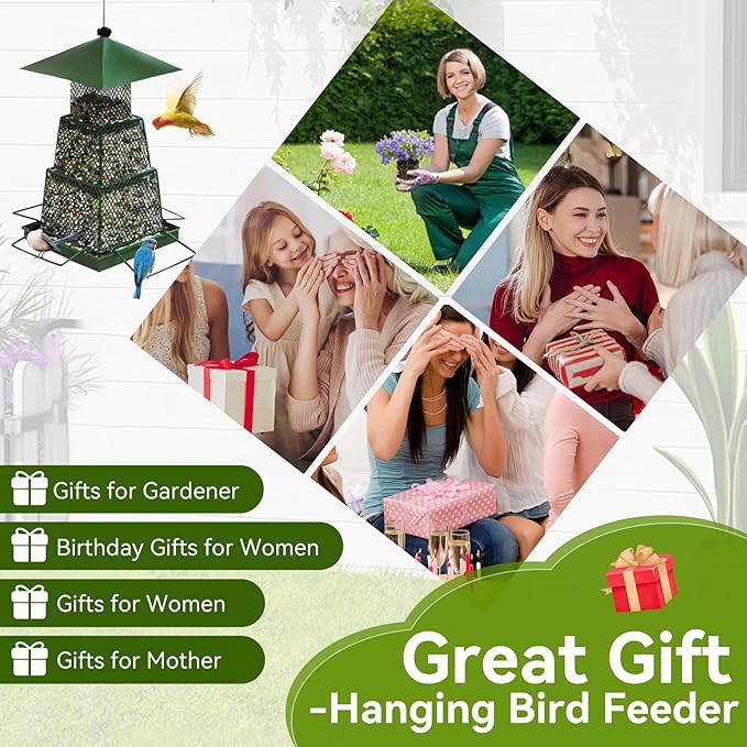Green Metal Bird Feeder – Squirrel-Resistant Hanging Feeder with 4 Perches | Large Seed Capacity, 360° Mesh for Backyard & Garden
