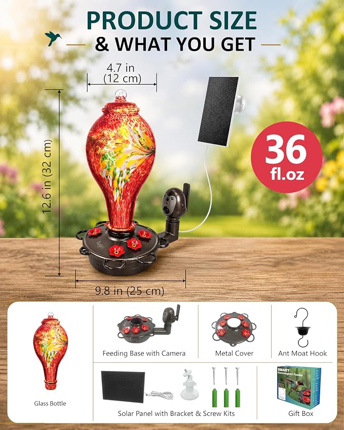 LUJII Smart Hummingbird Feeder with Camera, Hand Blown Glass for Outdoor Hanging, Solar WiFi Feeder with Live View App, 6 Feeding Ports, Leak-Resistant Design, Ant Moat & Gift Box, 36 fl oz, Red