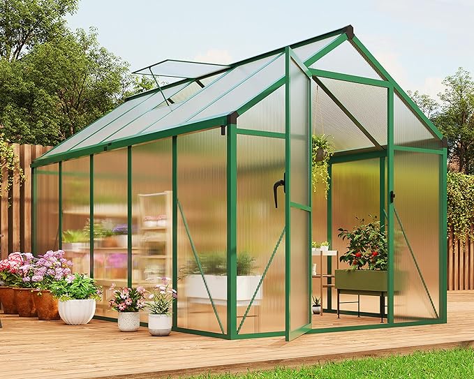 Garvee 6 x 10 ft Greenhouse, Greenhouses for Outside, Polycarbonate Greenhouse with Aluminum Frame, Lockable Door and Ajustable Roof Vent for Backyard, Green Houses for Outside Garden Backyard, Patio