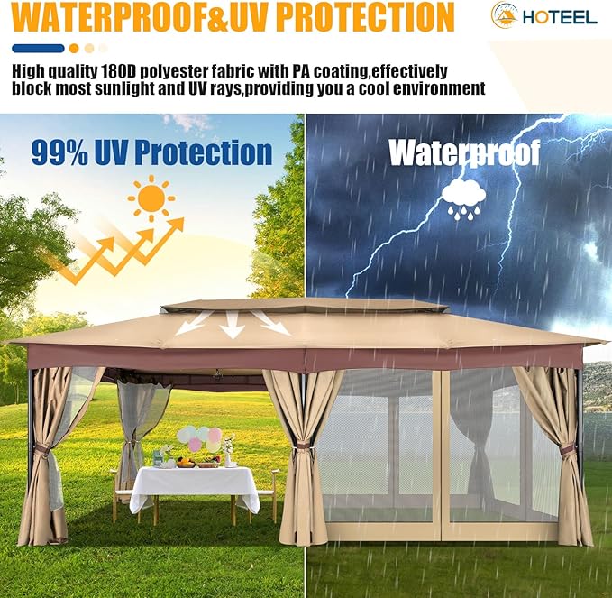 HOTEEL Gazebo 12x20, Outdoor Gazebo on Clearance with Double Ventilated Arc Roof, Privacy Curtains & Mosquito Netting, Easy Set up Canopy Tent with Stable Metal Frame for Patio Gazebo, Khaki