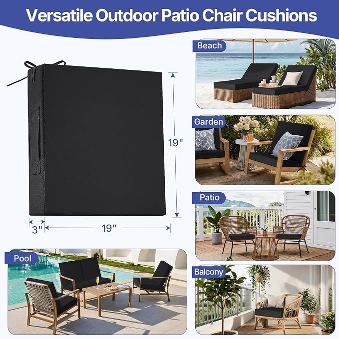 Outdoor Chair Cushions Set of 4 for Outdoor Patio Furniture, Waterproof Patio Seat Cushions with Handle & Ties, 3 Year Color Fastness Square Garden Sofa Couch Pads, 19" x 19" x 3", Black