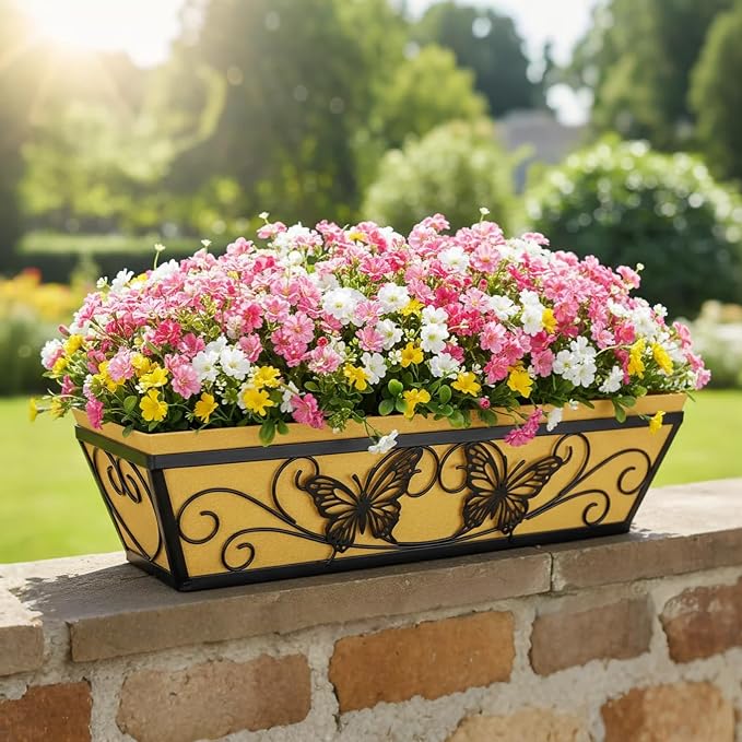 2 Pack 24 Inch Railing Planter Boxes Window Box Planters with Liner | Adjustable Bracket, Heavy Duty Hanging Basket, Metal Butterfly Decor, Retain Moisture Fabric Liner, Matte Classic Black