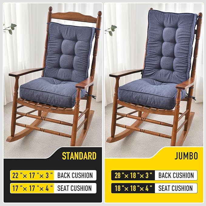 SUNROX Memory Foam Non Slip Rocking Chair Cushion, FadeShield Water Resistant Thicken Durable Tufted Pads, Set of Seat & Back Cushion with Ties for Indoor/Outdoor Rocker, 2 Piece, Heather Indigo