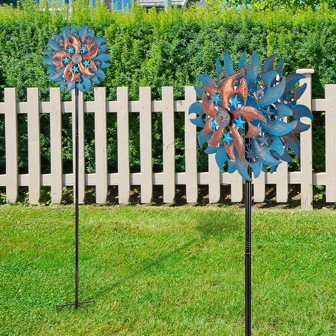 Wind Spinner Outdoor,Blue Copper Kinetic Metal Wind Spinner for Yard,Rustproof&Waterproof Wind Sculpture,Metal Pinwheels for Yard Lawn Yard Art Outdoor Decor 13 * 66.2 inches