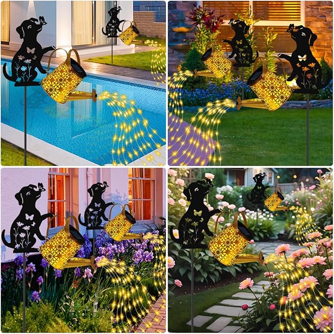 Solar Lights Outdoor Decorative, Watering Can with Cascading Lights, with Dog Silhouette Garden Stakes, Waterproof Metal Garden Decor Mom 2 Pack
