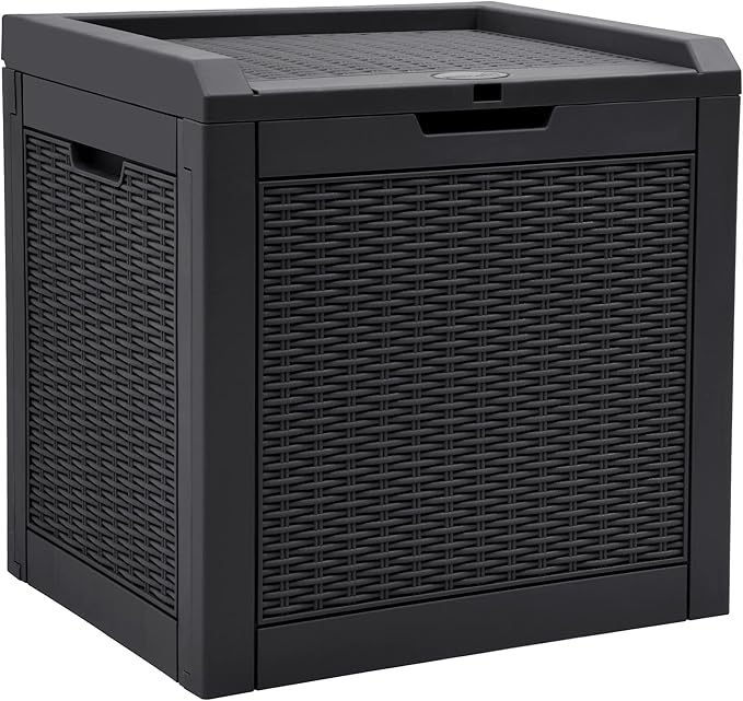 YITAHOME 32 Gallon Rattan Deck Box,Indoor Outdoor Storage Box for Patio Furniture,Pool Accessories, Cushions,Garden Tools, Sports Equipment, Waterproof Resin with Lockable Lid and Side Handles (Black)