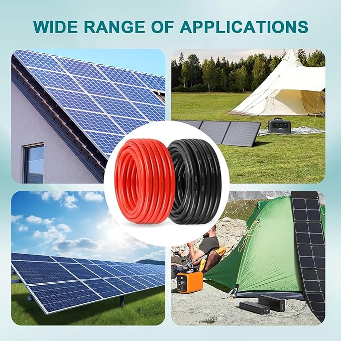 10AWG Solar Wire 6mm², 2 Pack 50FT Red & Black Solar Panel Cable, 84 Strands Tinned Copper, XLPE Insulated Outdoor Wire for PV Systems, Inverter, Battery, RV, Car, Boat – Fire & UV Resistant