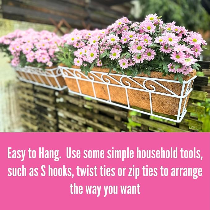 LaLaGreen Wall Mounted Planters - 24 Inch, 2 Pack White Window Flower Boxes Basket Outdoor, Balcony Planter Over the Rail, Deck Railing Hanging with Coco Liners, Metal Horse Troughs Fence Patio Porch