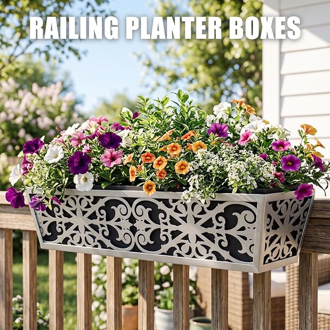 4 Pack 30 Inch Window Boxes Planter for Outdoor Plants Deck Railing Planters Box with Adjustable Brackets for Porch Fence Balcony Hanging Flower Baskets with Non-Woven Fabric Liner for Garden Décor