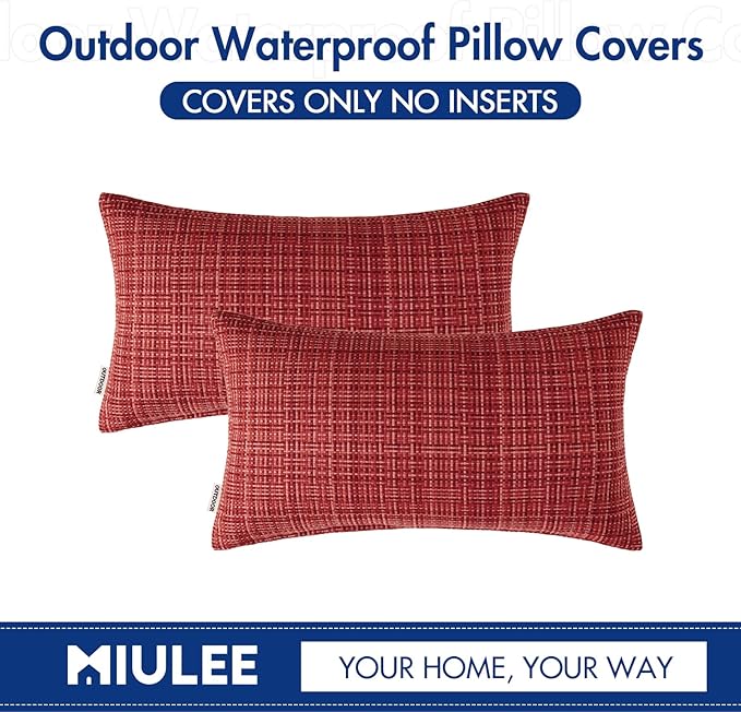 MIULEE Outdoor Waterproof Throw Pillow Covers Decorative Farmhouse Water Resistant Cushion Covers for Tent Patio Garden Couch Sofa Pack of 2, 12x20 Inch Red