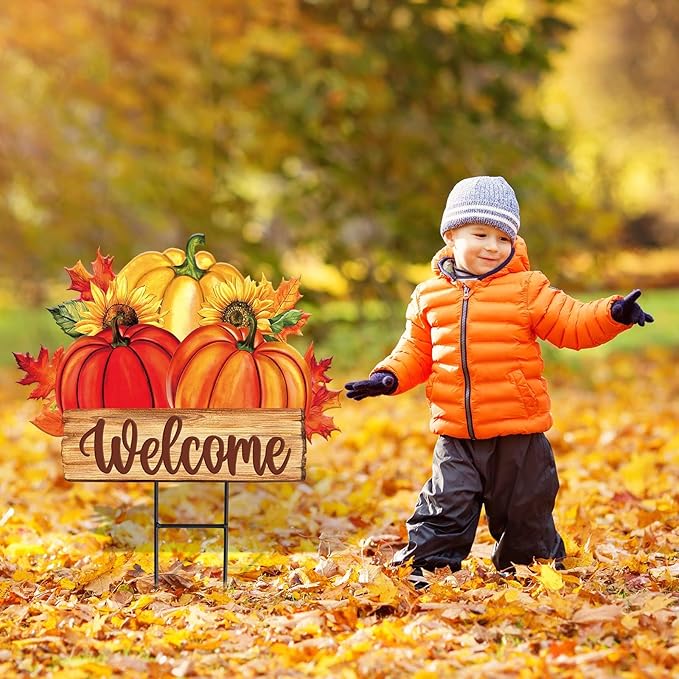 JarThenaAMCS Thanksgiving Yard Sign Metal Fall Pumpkin Yard Stakes Maple Leaves Garden Stake Decorations Welcome Sign for Autumn Harvest Outdoor Lawn Patio Walkway Decor