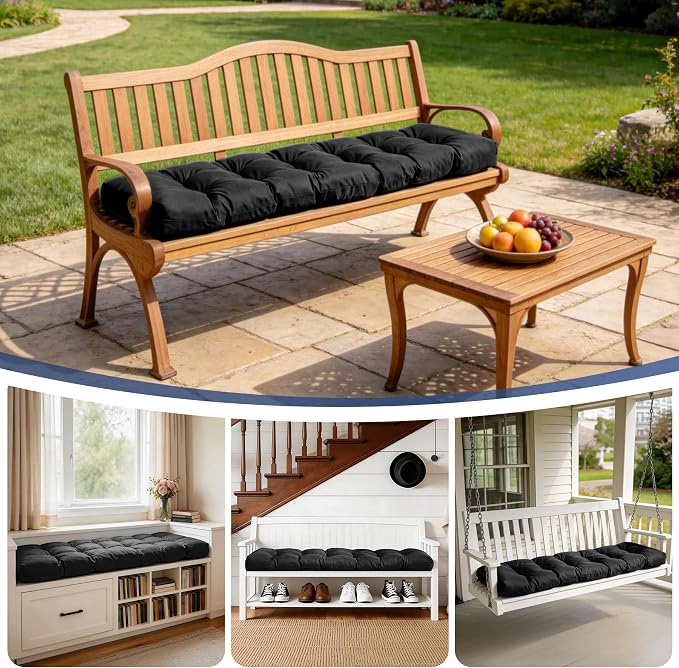 IASEAHK Outdoor Bench Cushion 48x18x5 Inch, Waterproof & Fade-Resistant Patio Furniture Cushions, Tufted Memory Foam Indoor/Outdoor Cushions for Couch Swing with Non-Slip Backing & Straps, Black