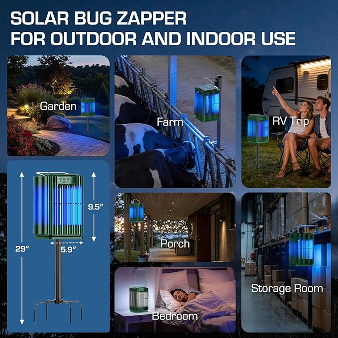 Solar Bug Zapper Outdoor, Waterproof Mosquito Zapper Type-C & Solar Powered, Auto On/Off, Cordless 4200V Electric Fly Zapper, 5000mAh Rechargeable Mosquito Trap Killer for Patio Backyard Camping