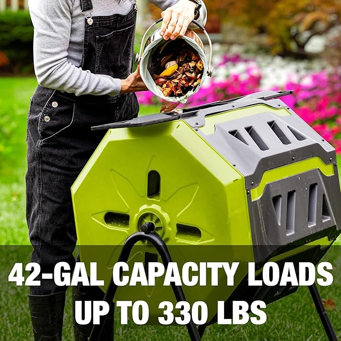 Sun Joe Outdoor Tumbling Composter Bin with 360° Dual Chamber, 2-10 Weeks Compost, 42 Gal - Rotating Composting Tumbler for Home Waste Management and Solution, SJ-CMPS1