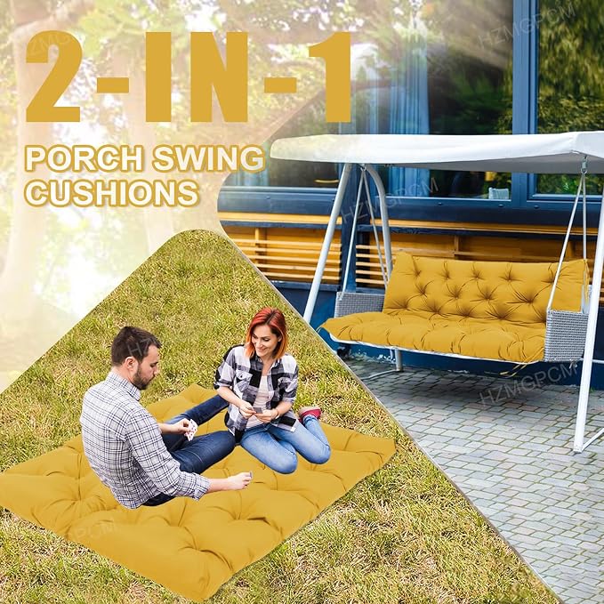 Premium 5" Thick Waterproof Outdoor Swing Cushions Sturdy Durable 2 Seat Replacement Porch Swing Cushions with Backrest&Ties Bench Cushion for Outdoor Furniture Backyard Patio (Yellow)